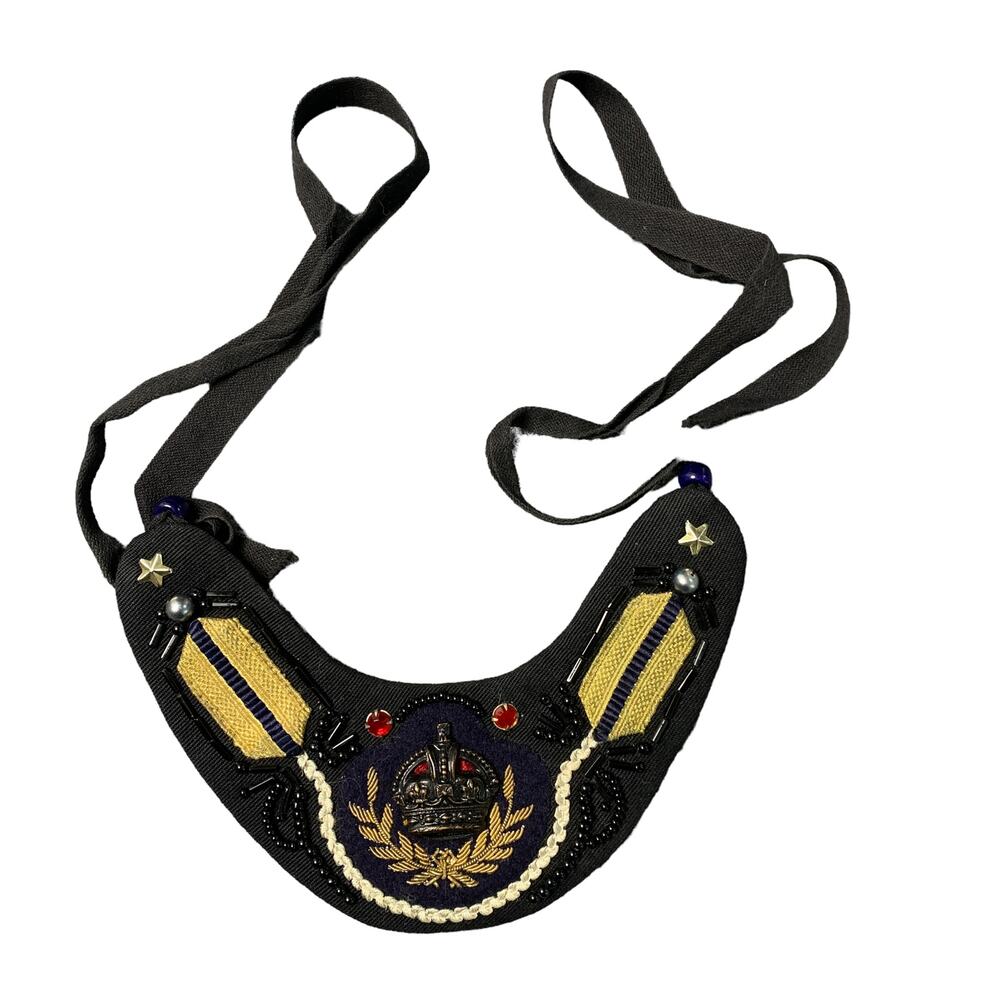 Handmade Vintage Bib Necklace British Crown Beaded Unique 1970s Fabric Black